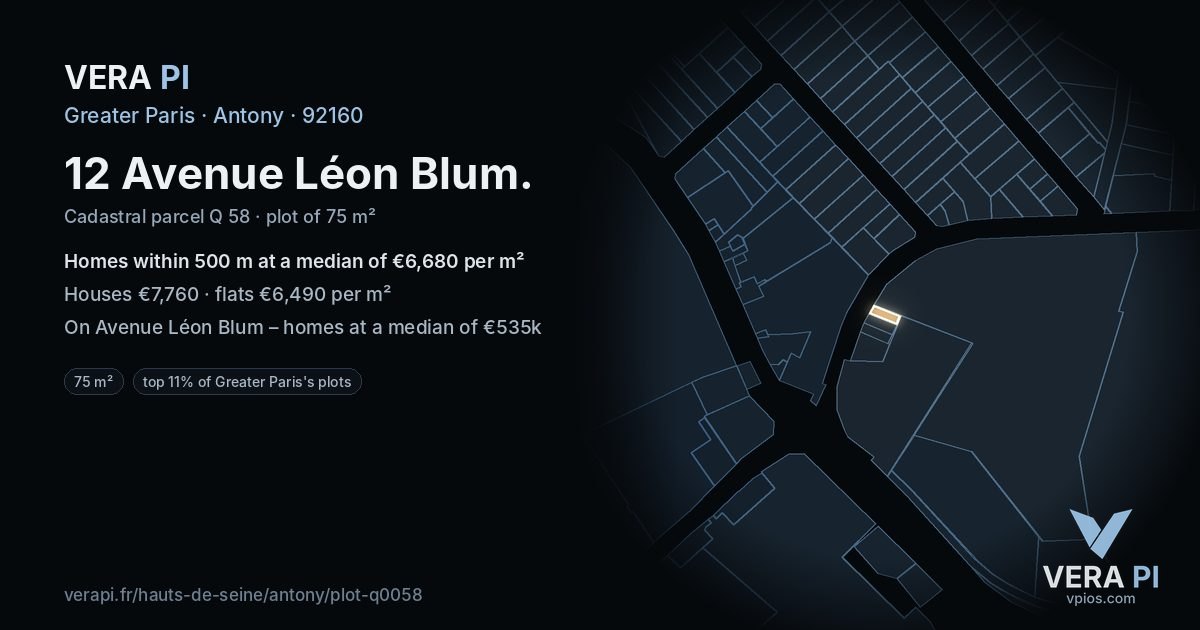 12 Avenue Léon Blum, Antony at night – the plot lit, the parcels around coloured by the prices near them