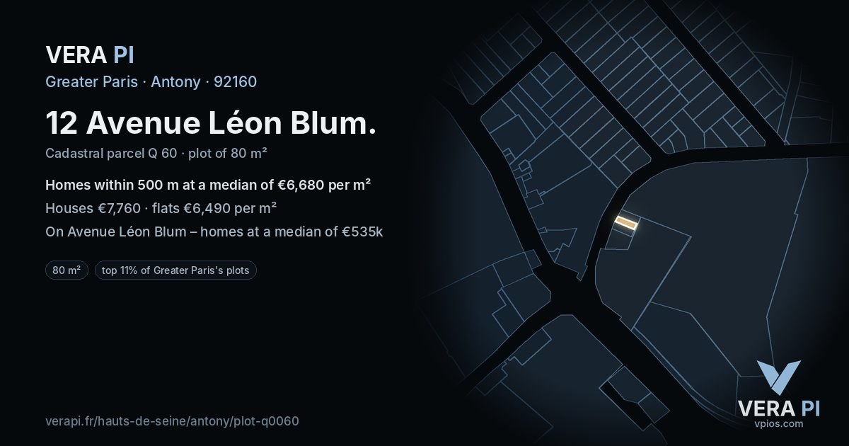12 Avenue Léon Blum, Antony at night – the plot lit, the parcels around coloured by the prices near them
