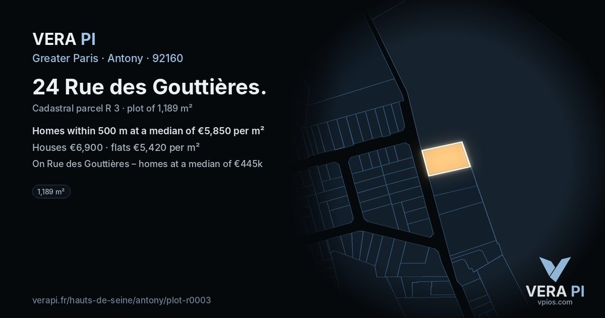 24 Rue des Gouttières, Antony at night – the plot lit, the parcels around coloured by the prices near them