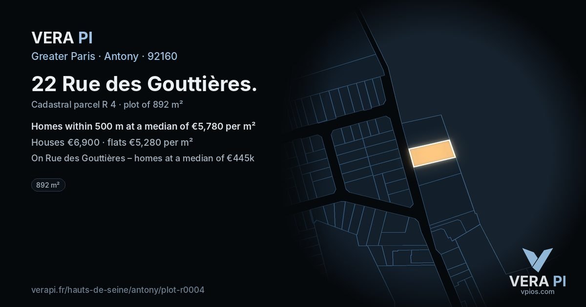 22 Rue des Gouttières, Antony at night – the plot lit, the parcels around coloured by the prices near them