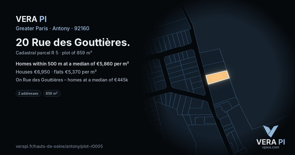 20 Rue des Gouttières, Antony at night – the plot lit, the parcels around coloured by the prices near them