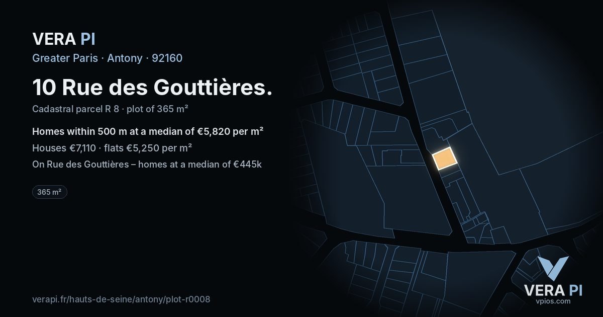 10 Rue des Gouttières, Antony at night – the plot lit, the parcels around coloured by the prices near them