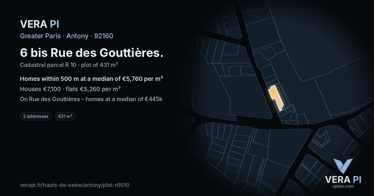6 bis Rue des Gouttières, Antony at night – the plot lit, the parcels around coloured by the prices near them