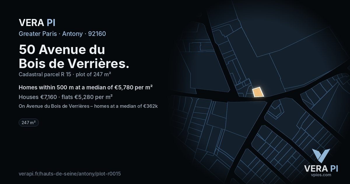 50 Avenue du Bois de Verrières, Antony at night – the plot lit, the parcels around coloured by the prices near them