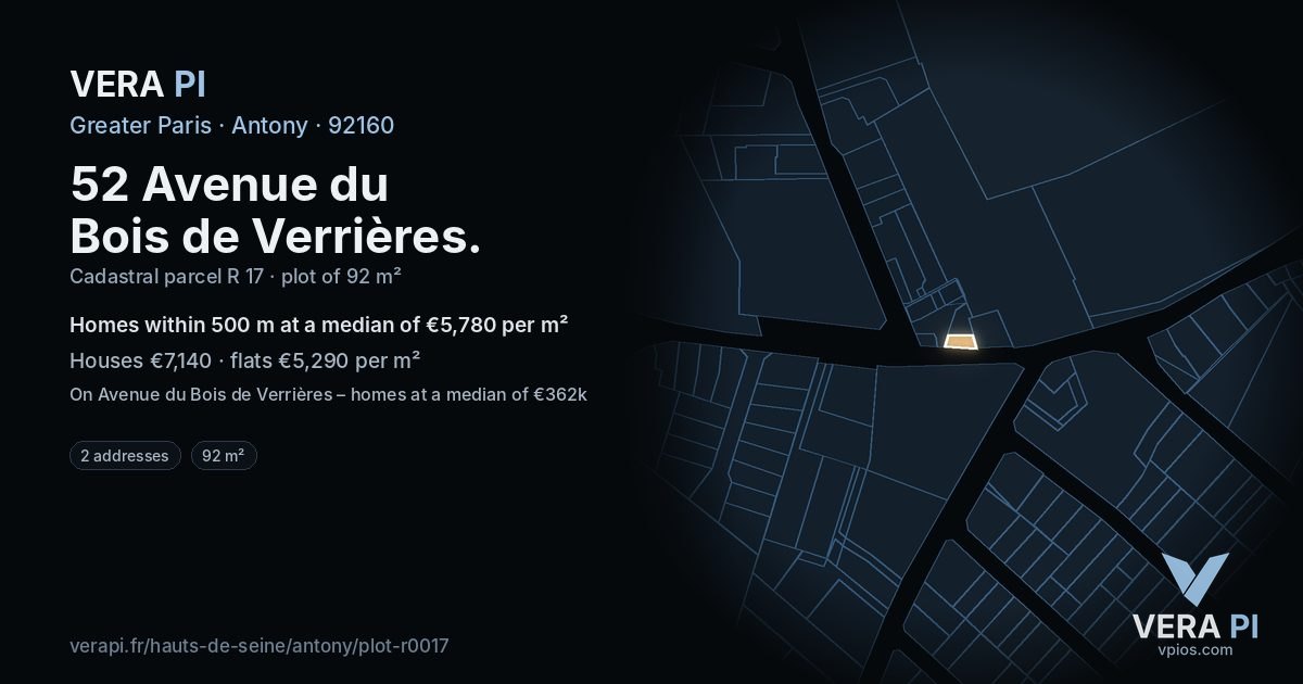 52 Avenue du Bois de Verrières, Antony at night – the plot lit, the parcels around coloured by the prices near them