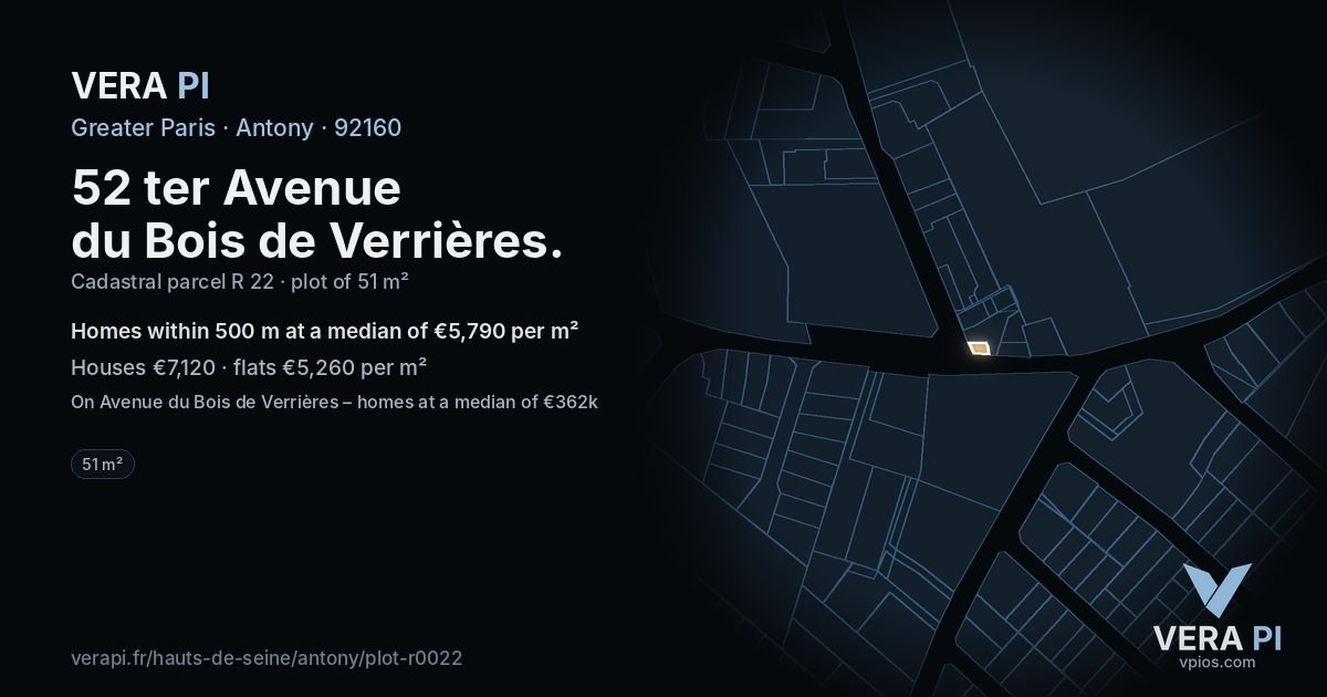 52 ter Avenue du Bois de Verrières, Antony at night – the plot lit, the parcels around coloured by the prices near them
