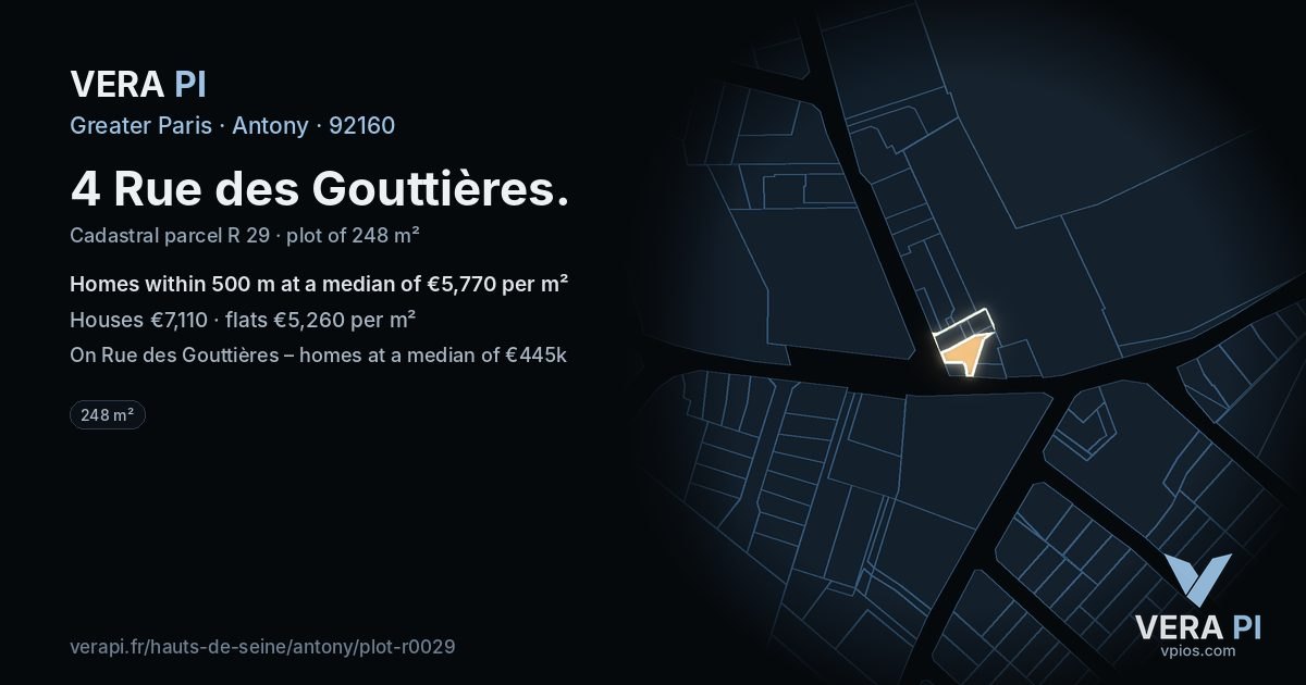 4 Rue des Gouttières, Antony at night – the plot lit, the parcels around coloured by the prices near them