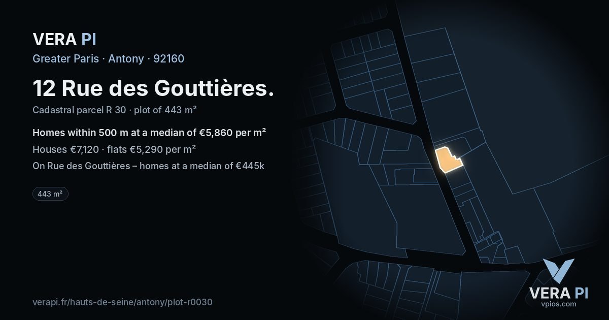 12 Rue des Gouttières, Antony at night – the plot lit, the parcels around coloured by the prices near them
