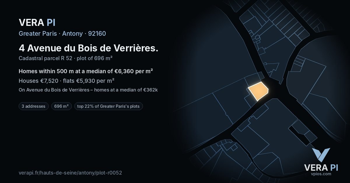4 Avenue du Bois de Verrières, Antony at night – the plot lit, the parcels around coloured by the prices near them
