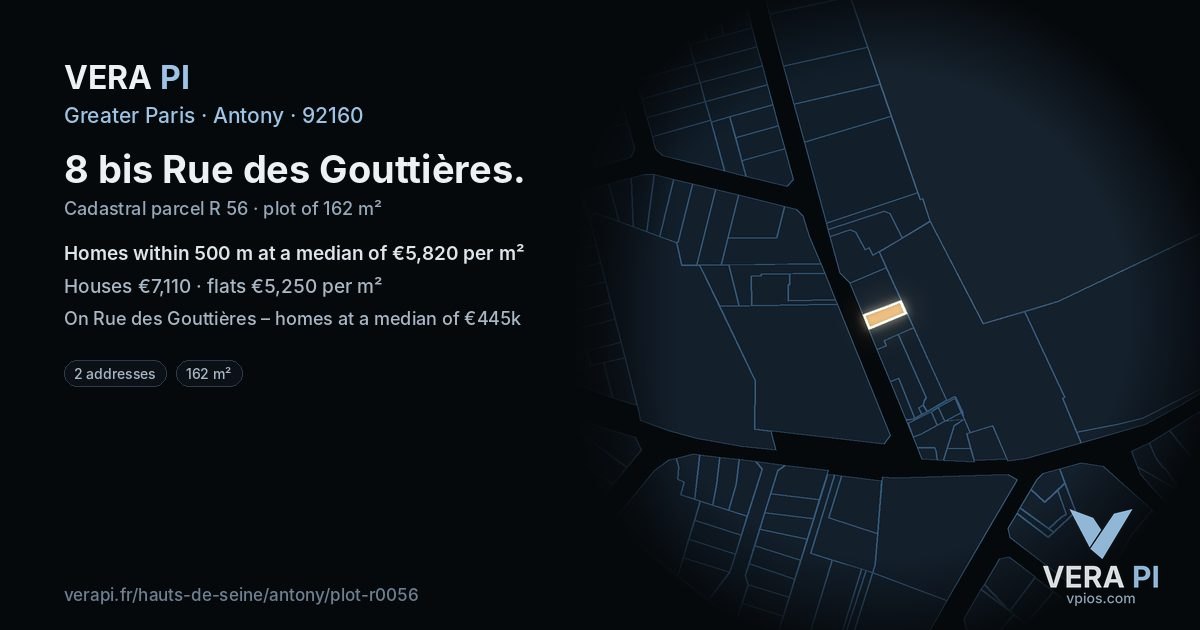 8 bis Rue des Gouttières, Antony at night – the plot lit, the parcels around coloured by the prices near them
