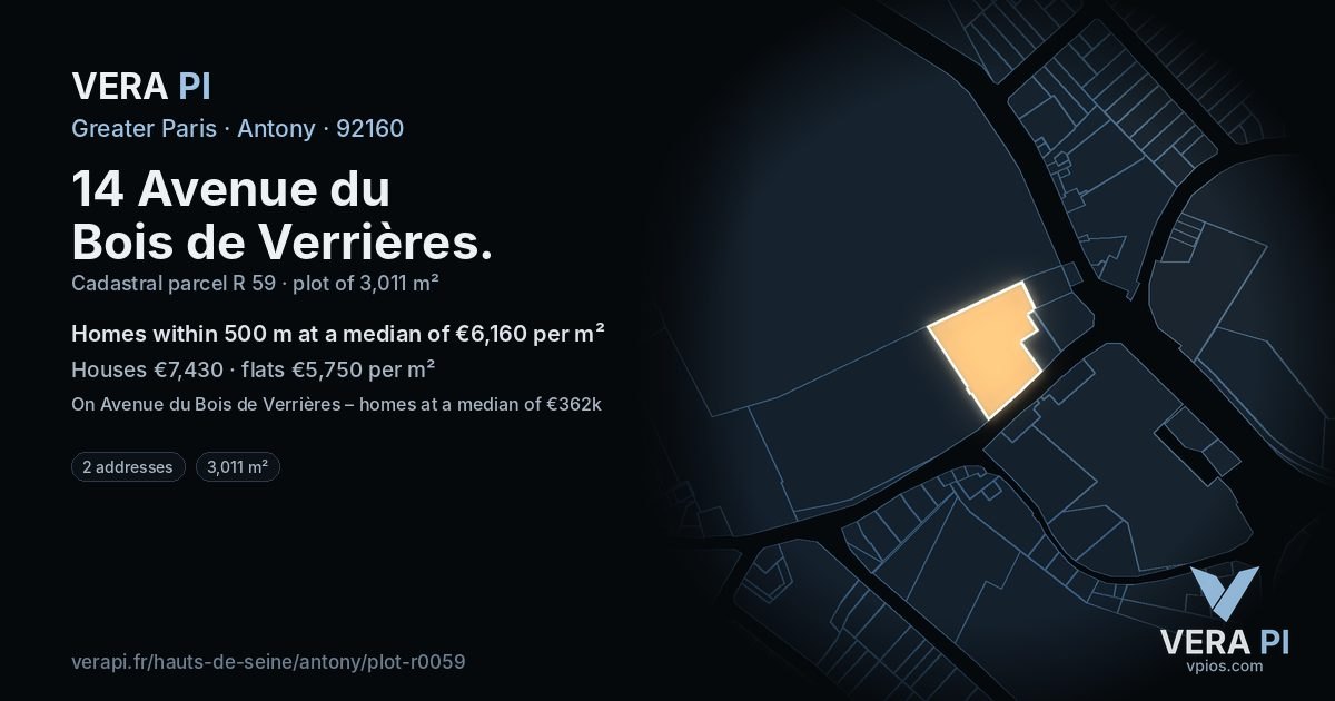 14 Avenue du Bois de Verrières, Antony at night – the plot lit, the parcels around coloured by the prices near them