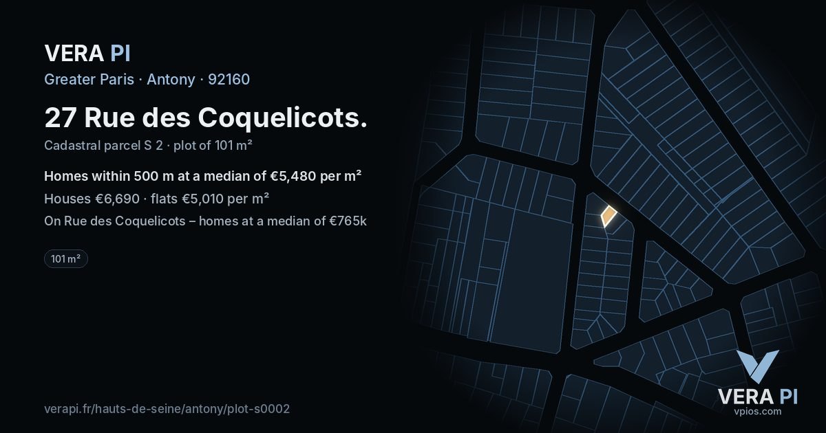 27 Rue des Coquelicots, Antony at night – the plot lit, the parcels around coloured by the prices near them
