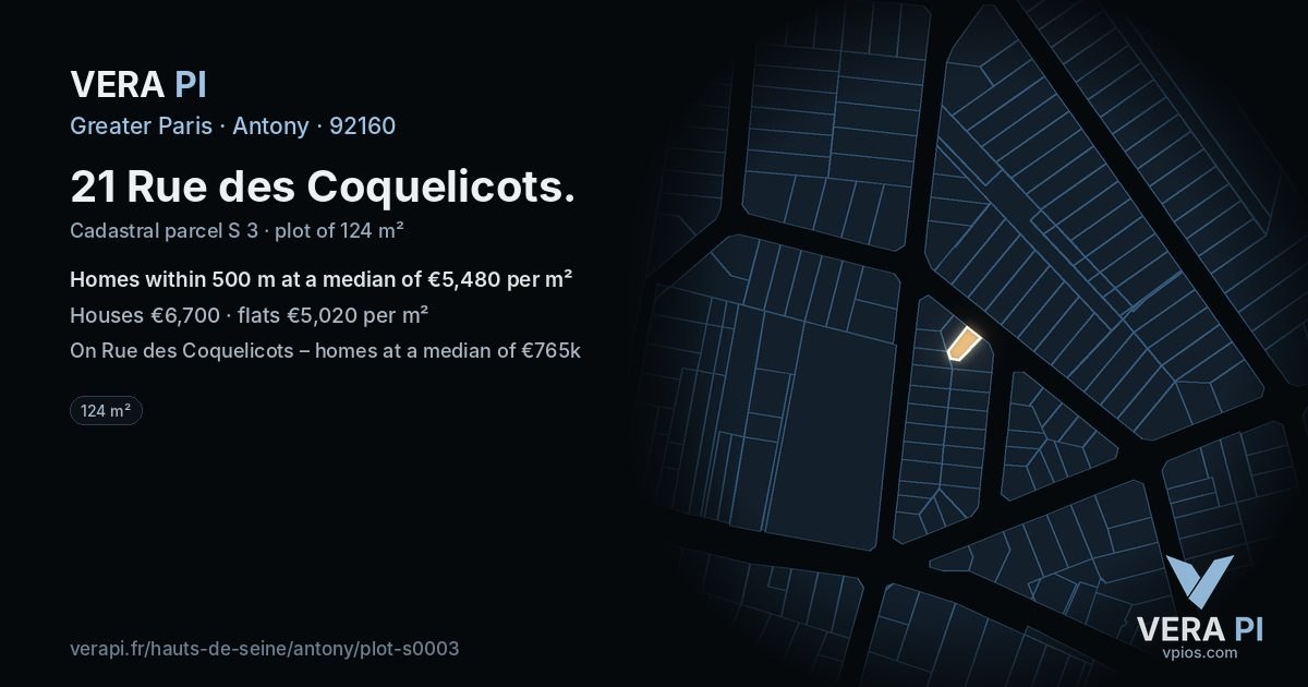 21 Rue des Coquelicots, Antony at night – the plot lit, the parcels around coloured by the prices near them