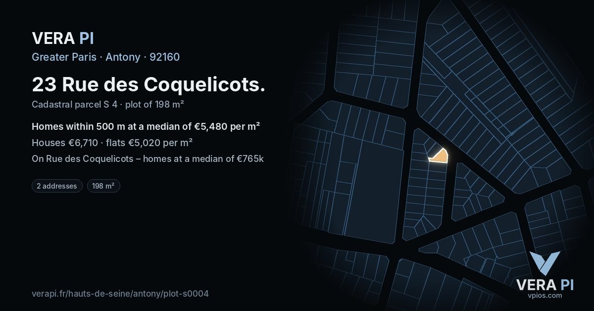 23 Rue des Coquelicots, Antony at night – the plot lit, the parcels around coloured by the prices near them