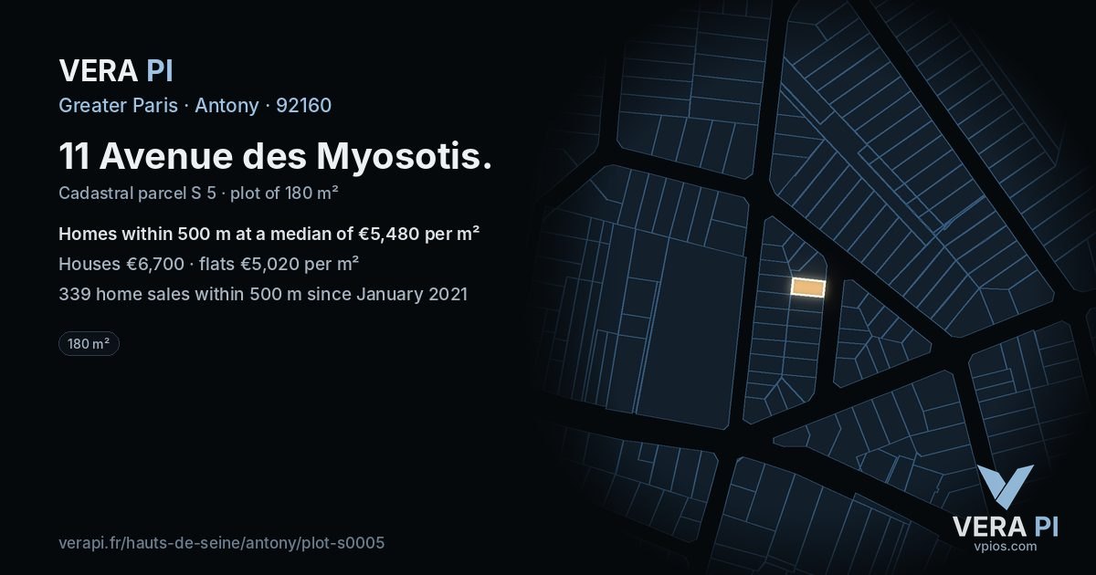 11 Avenue des Myosotis, Antony at night – the plot lit, the parcels around coloured by the prices near them