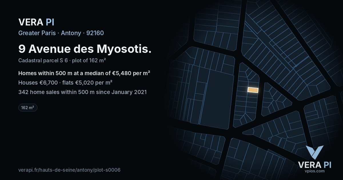 9 Avenue des Myosotis, Antony at night – the plot lit, the parcels around coloured by the prices near them