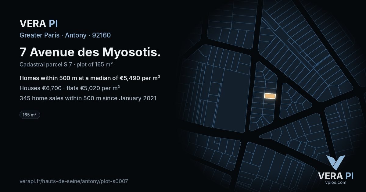 7 Avenue des Myosotis, Antony at night – the plot lit, the parcels around coloured by the prices near them