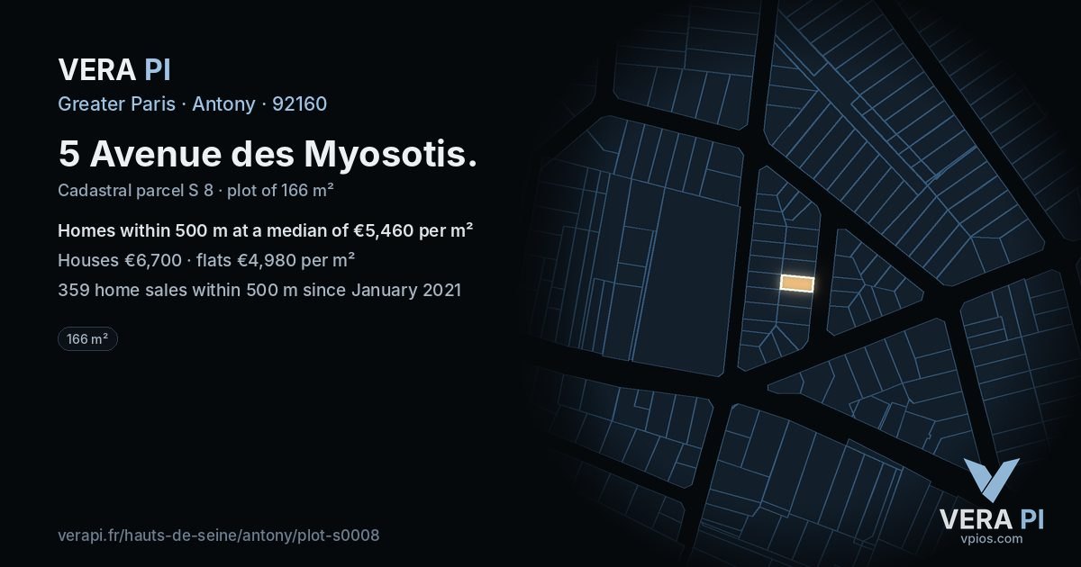 5 Avenue des Myosotis, Antony at night – the plot lit, the parcels around coloured by the prices near them