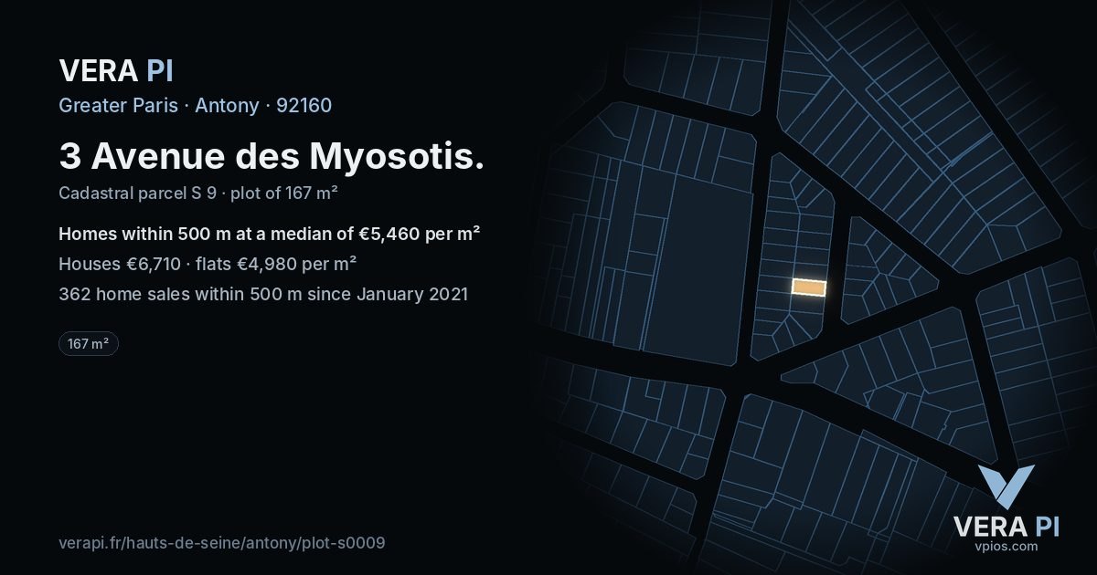 3 Avenue des Myosotis, Antony at night – the plot lit, the parcels around coloured by the prices near them