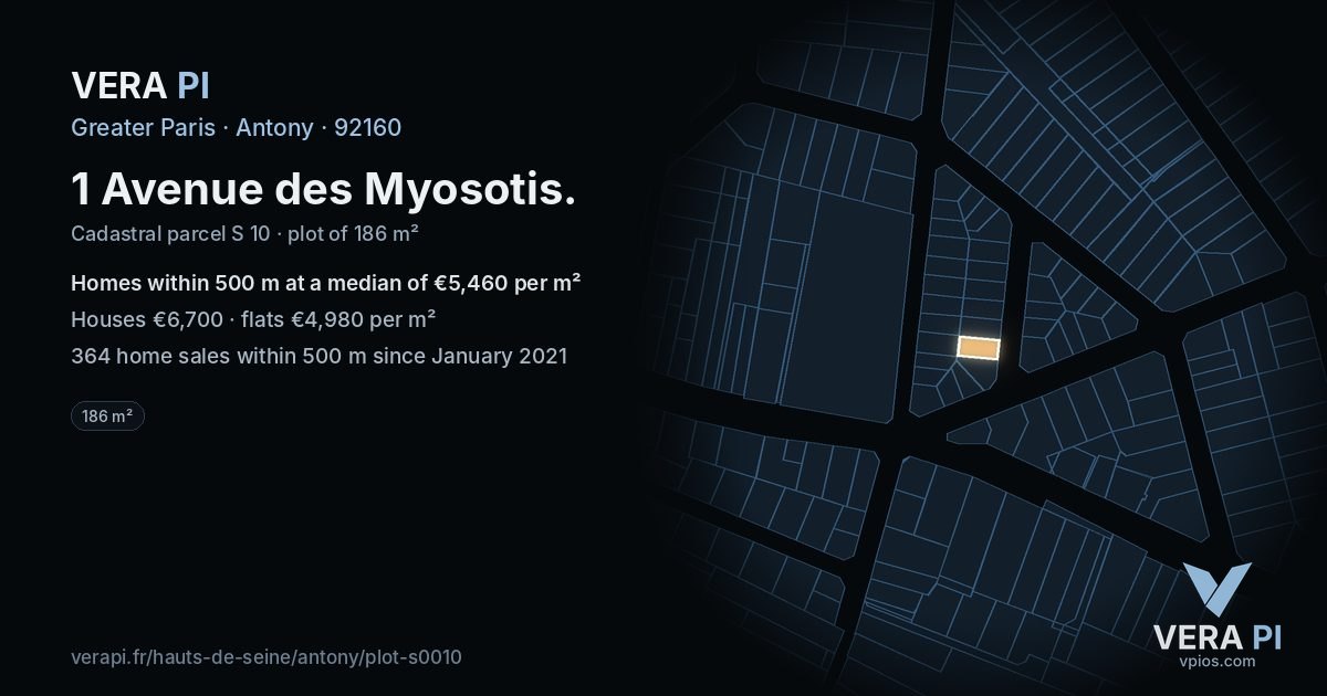 1 Avenue des Myosotis, Antony at night – the plot lit, the parcels around coloured by the prices near them