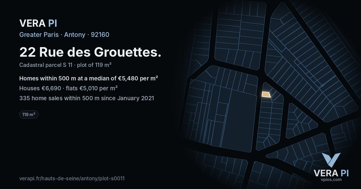 22 Rue des Grouettes, Antony at night – the plot lit, the parcels around coloured by the prices near them