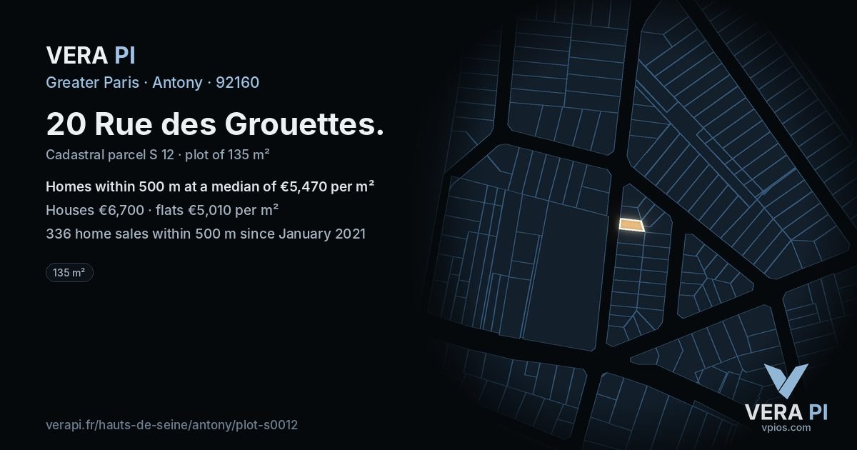 20 Rue des Grouettes, Antony at night – the plot lit, the parcels around coloured by the prices near them
