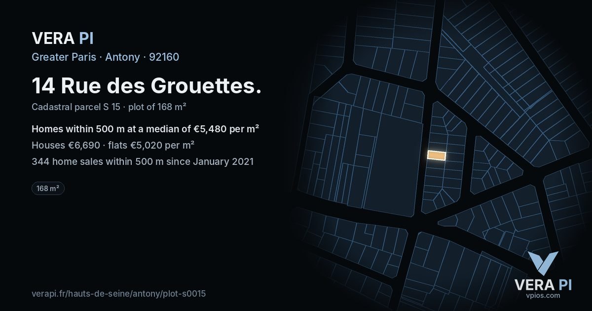 14 Rue des Grouettes, Antony at night – the plot lit, the parcels around coloured by the prices near them