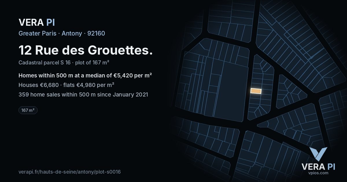 12 Rue des Grouettes, Antony at night – the plot lit, the parcels around coloured by the prices near them