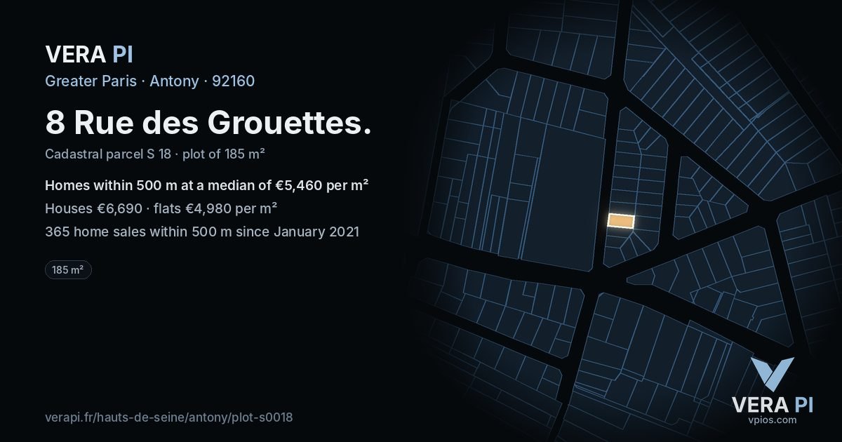 8 Rue des Grouettes, Antony at night – the plot lit, the parcels around coloured by the prices near them