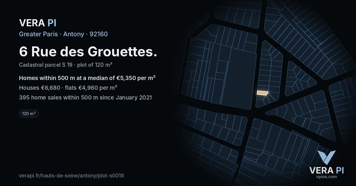 6 Rue des Grouettes, Antony at night – the plot lit, the parcels around coloured by the prices near them