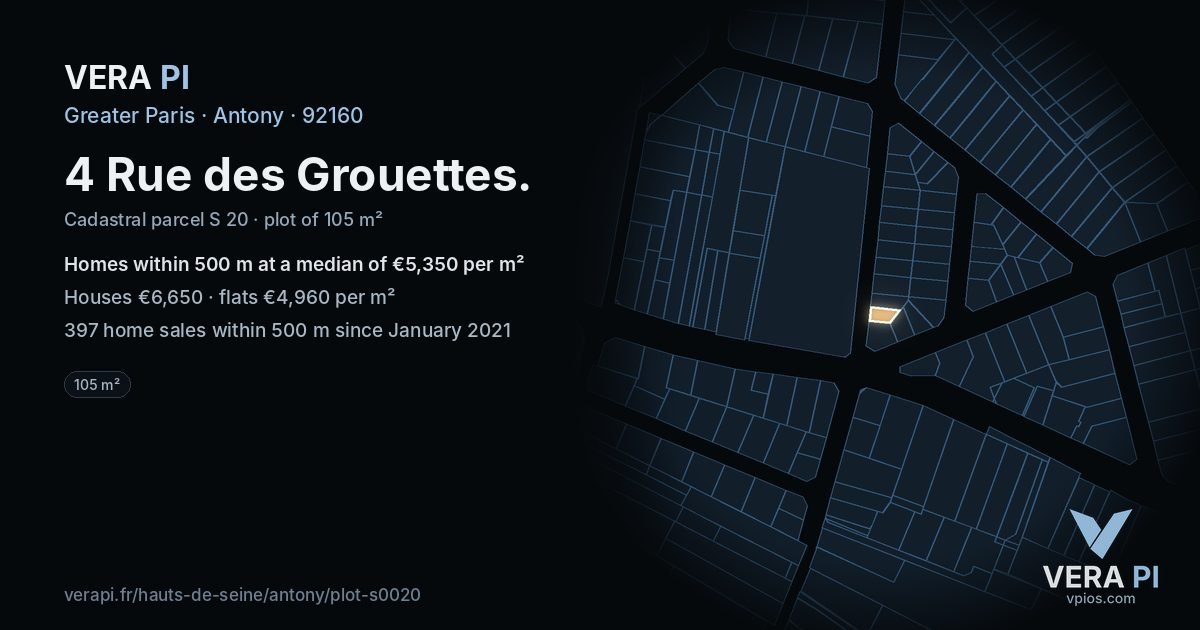 4 Rue des Grouettes, Antony at night – the plot lit, the parcels around coloured by the prices near them