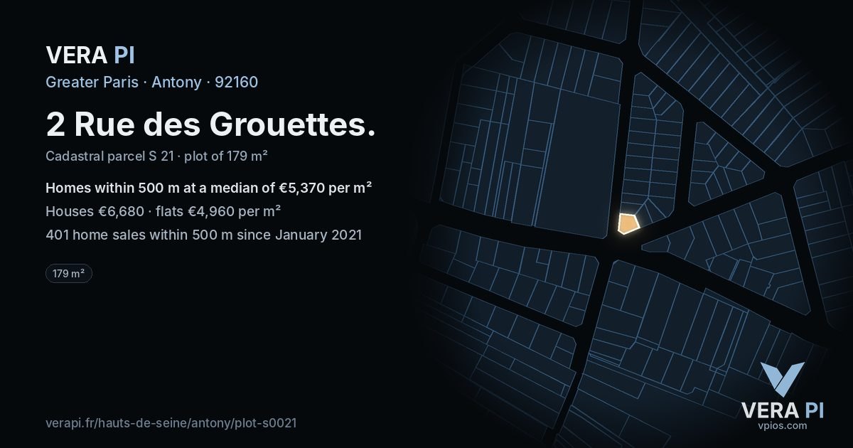2 Rue des Grouettes, Antony at night – the plot lit, the parcels around coloured by the prices near them