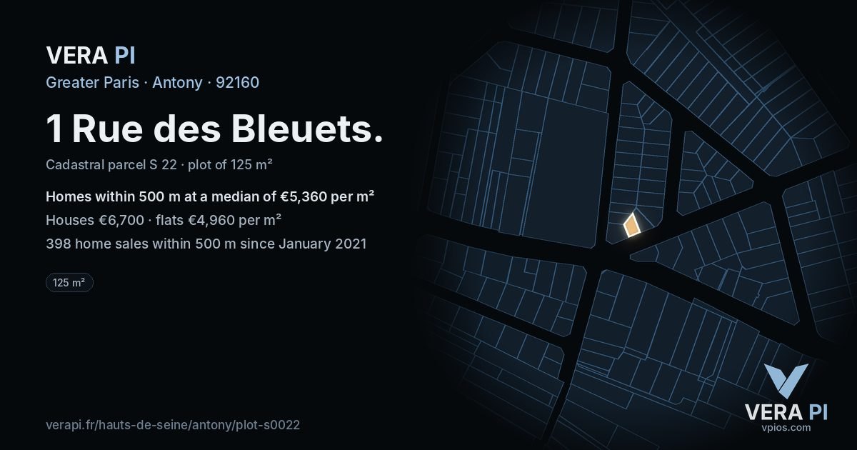 1 Rue des Bleuets, Antony at night – the plot lit, the parcels around coloured by the prices near them