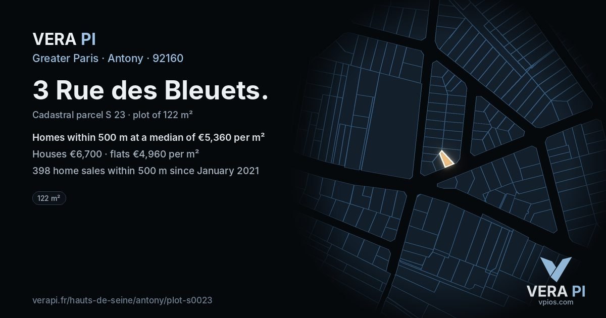 3 Rue des Bleuets, Antony at night – the plot lit, the parcels around coloured by the prices near them