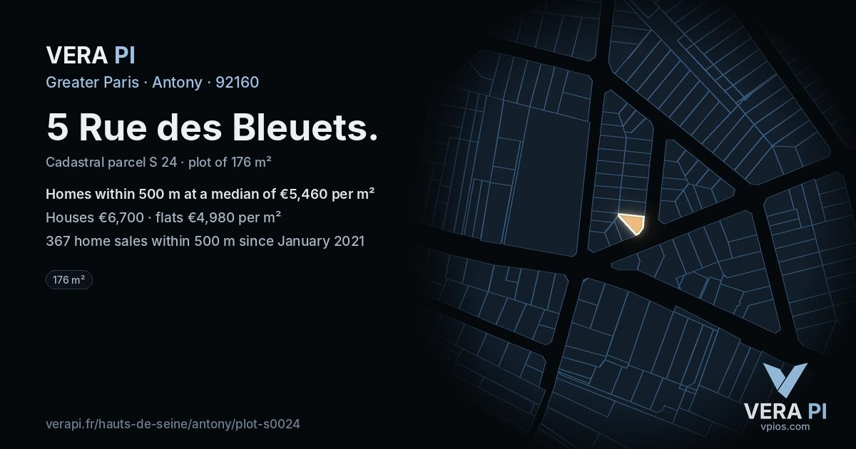 5 Rue des Bleuets, Antony at night – the plot lit, the parcels around coloured by the prices near them
