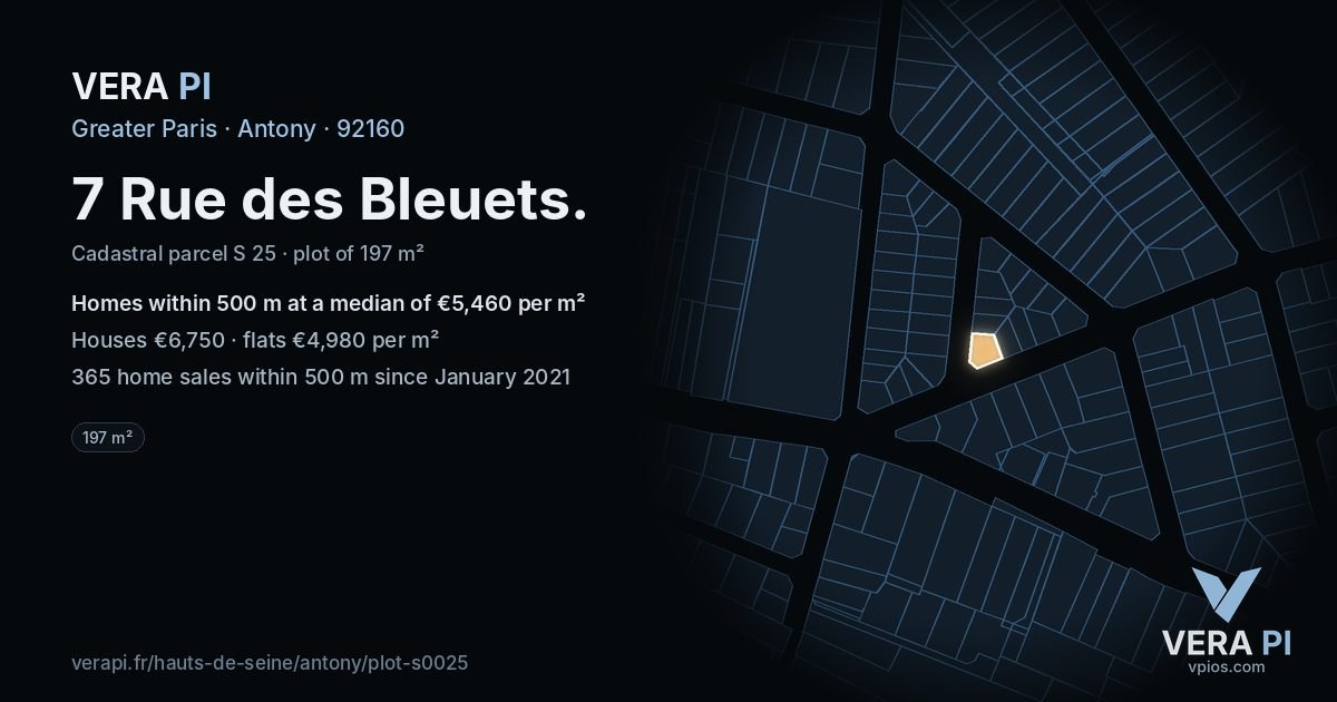 7 Rue des Bleuets, Antony at night – the plot lit, the parcels around coloured by the prices near them