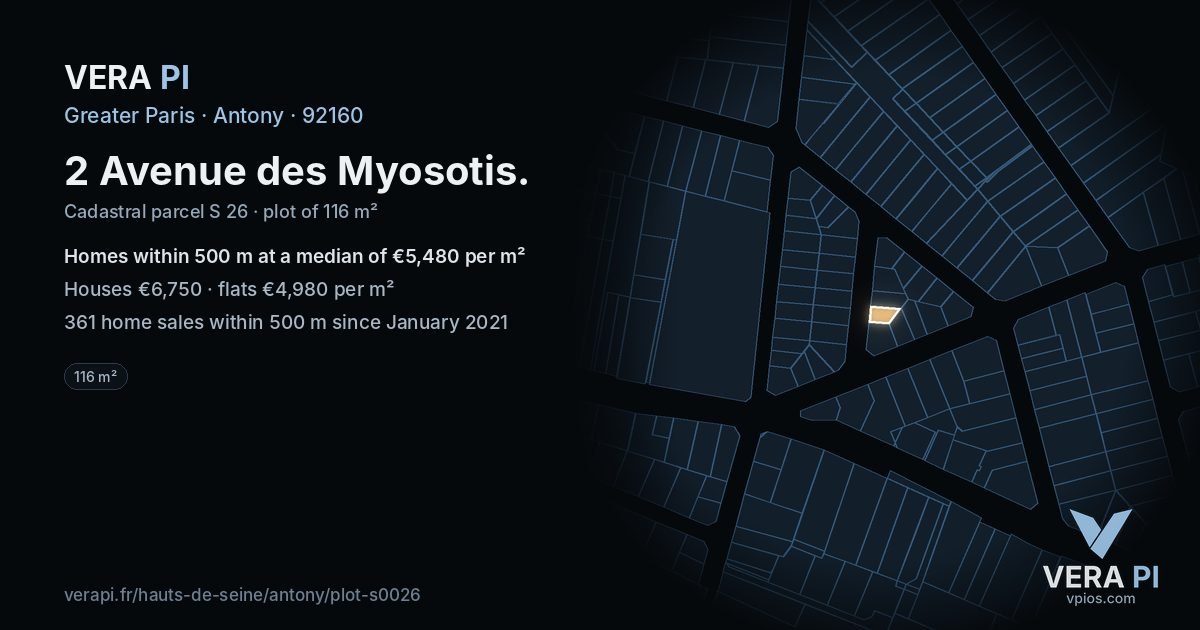 2 Avenue des Myosotis, Antony at night – the plot lit, the parcels around coloured by the prices near them