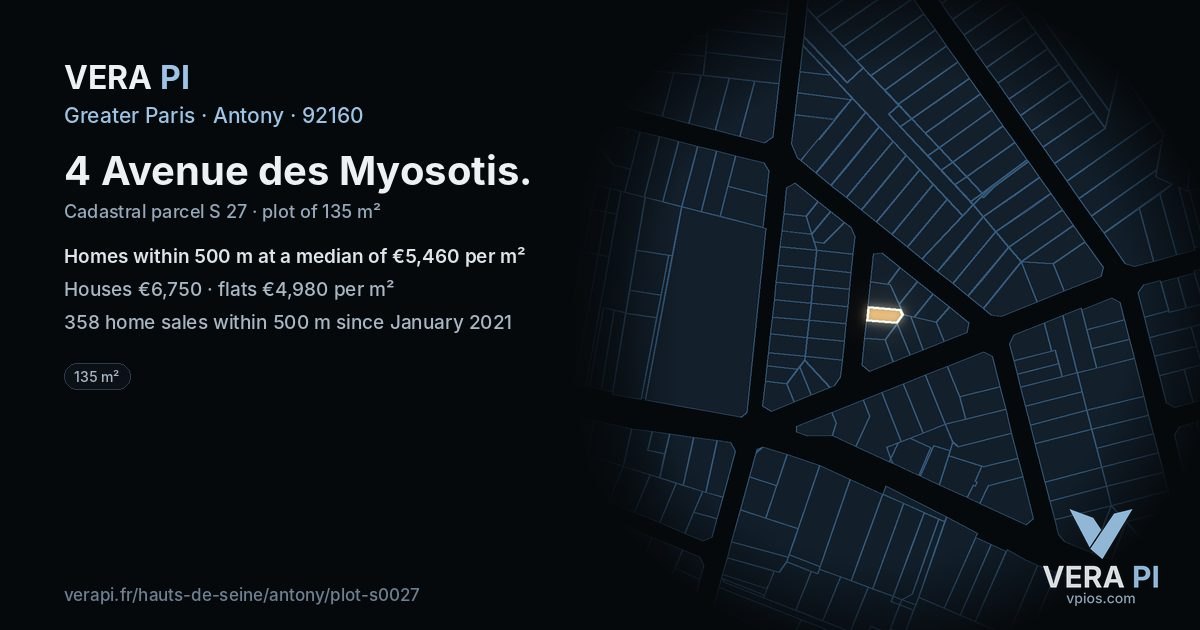 4 Avenue des Myosotis, Antony at night – the plot lit, the parcels around coloured by the prices near them