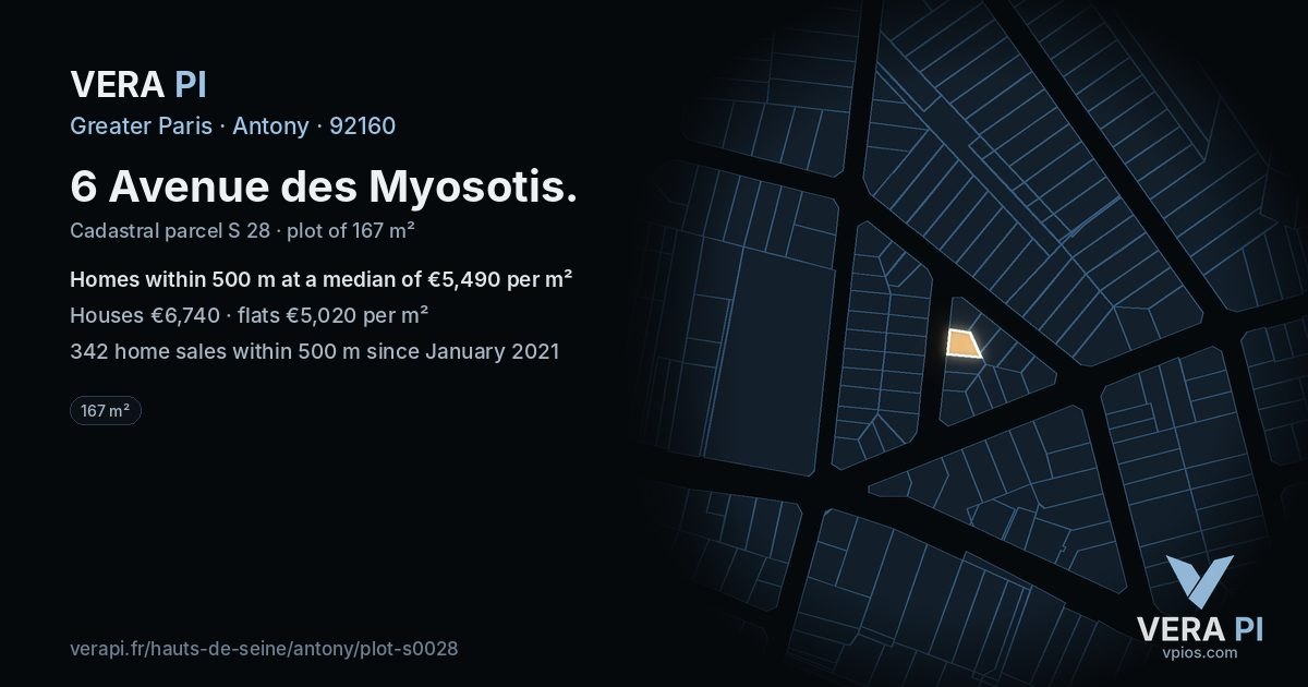 6 Avenue des Myosotis, Antony at night – the plot lit, the parcels around coloured by the prices near them