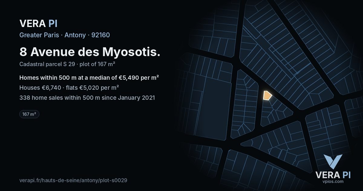 8 Avenue des Myosotis, Antony at night – the plot lit, the parcels around coloured by the prices near them
