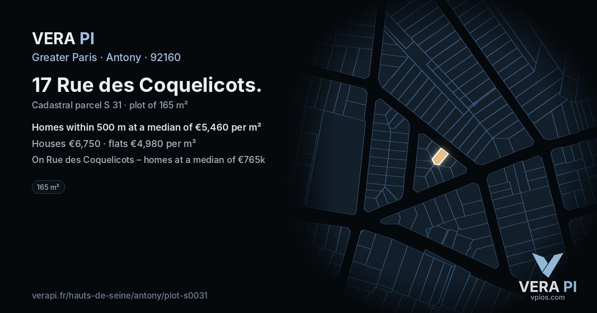 17 Rue des Coquelicots, Antony at night – the plot lit, the parcels around coloured by the prices near them