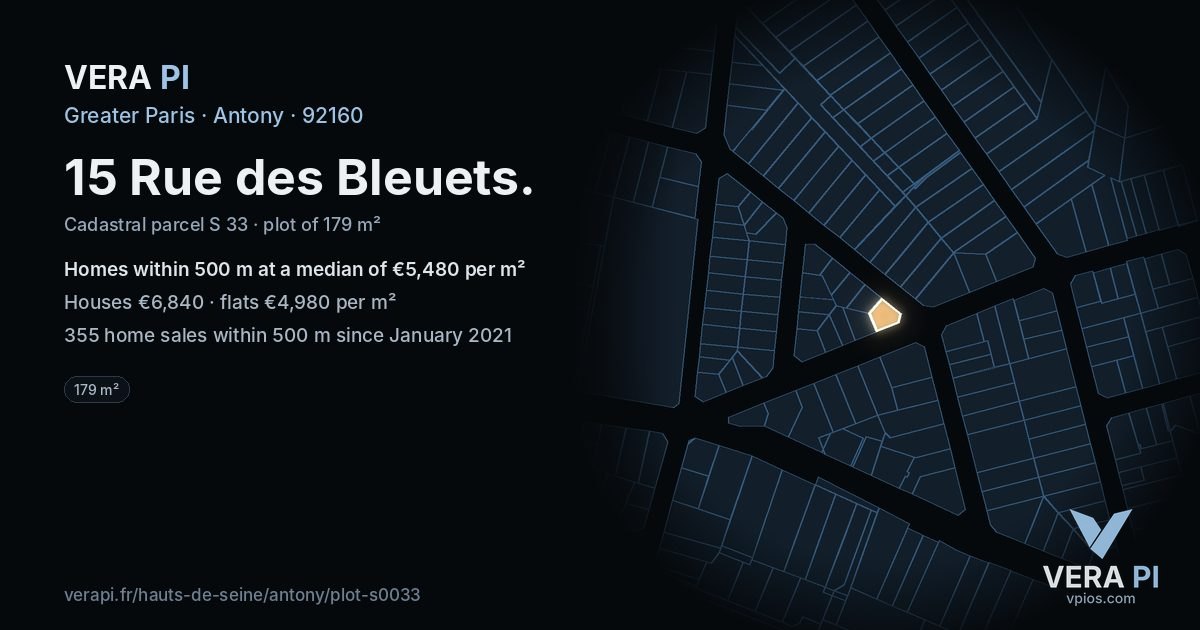 15 Rue des Bleuets, Antony at night – the plot lit, the parcels around coloured by the prices near them