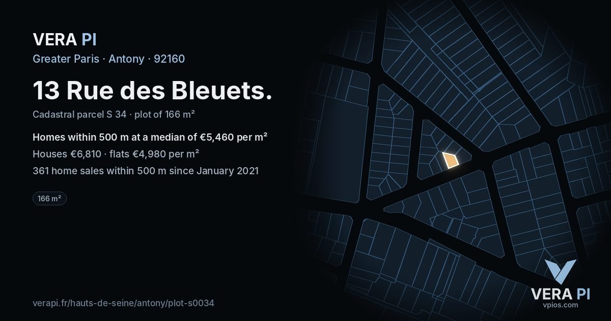 13 Rue des Bleuets, Antony at night – the plot lit, the parcels around coloured by the prices near them