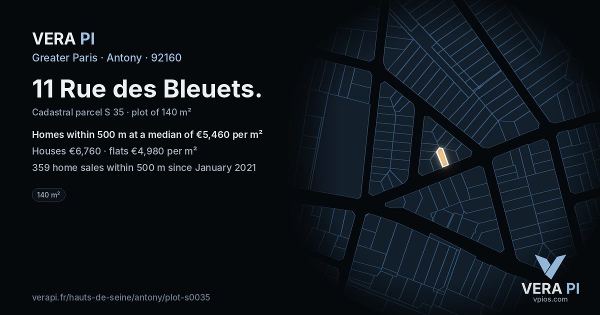 11 Rue des Bleuets, Antony at night – the plot lit, the parcels around coloured by the prices near them