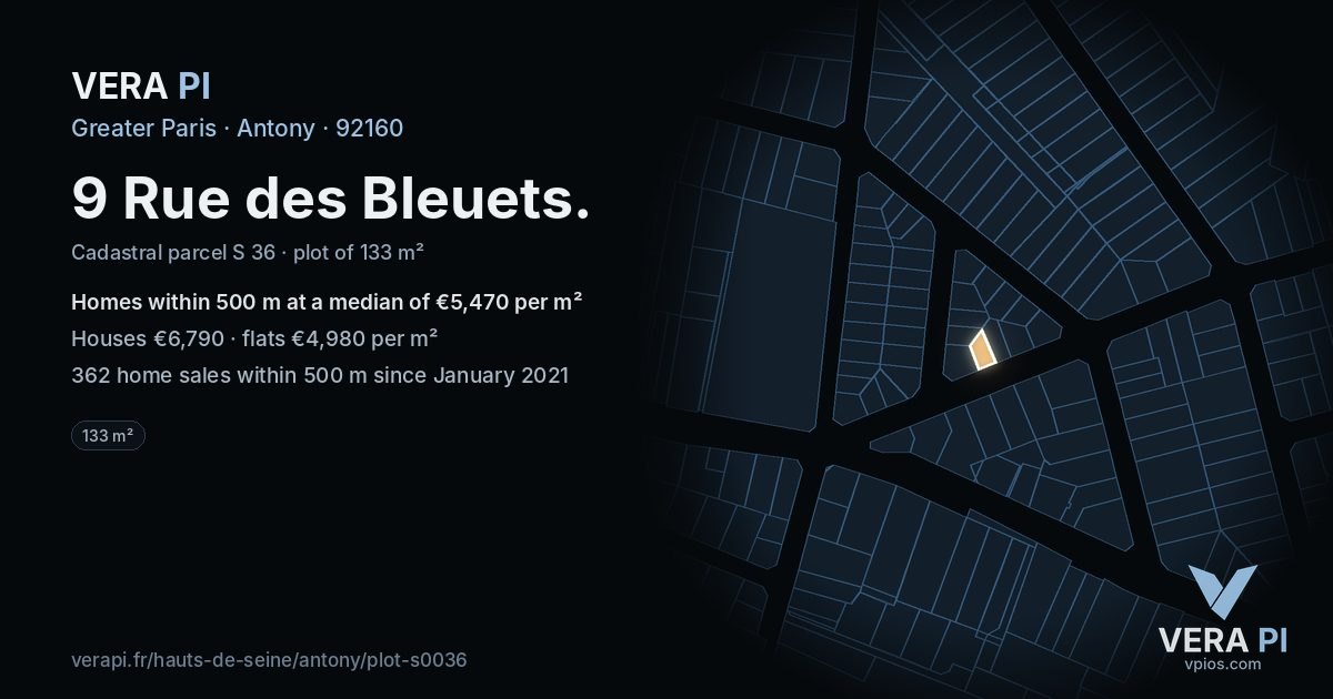 9 Rue des Bleuets, Antony at night – the plot lit, the parcels around coloured by the prices near them