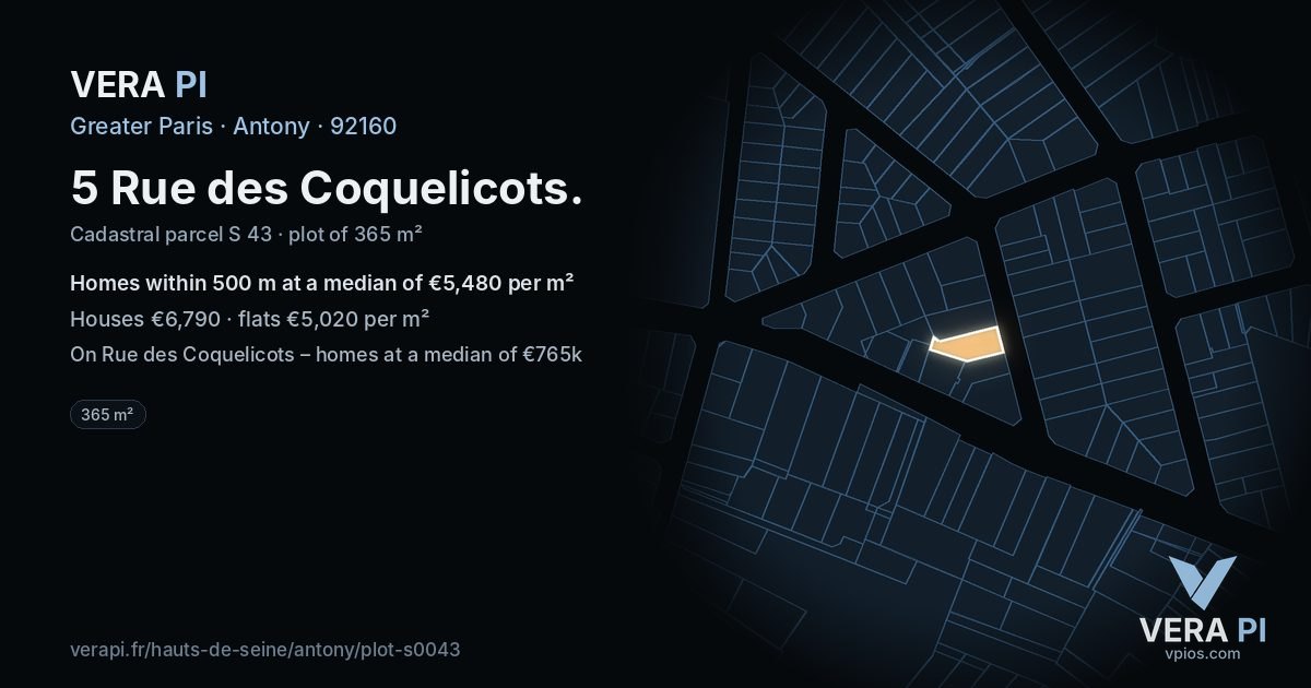 5 Rue des Coquelicots, Antony at night – the plot lit, the parcels around coloured by the prices near them