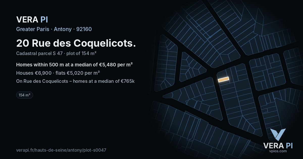 20 Rue des Coquelicots, Antony at night – the plot lit, the parcels around coloured by the prices near them