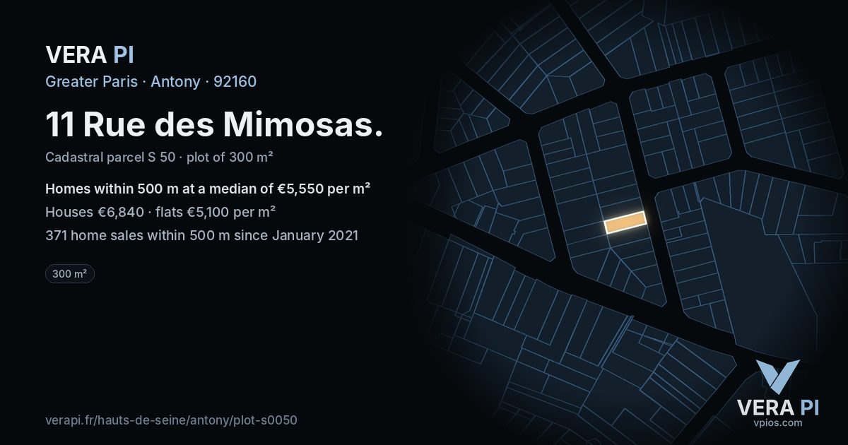 11 Rue des Mimosas, Antony at night – the plot lit, the parcels around coloured by the prices near them