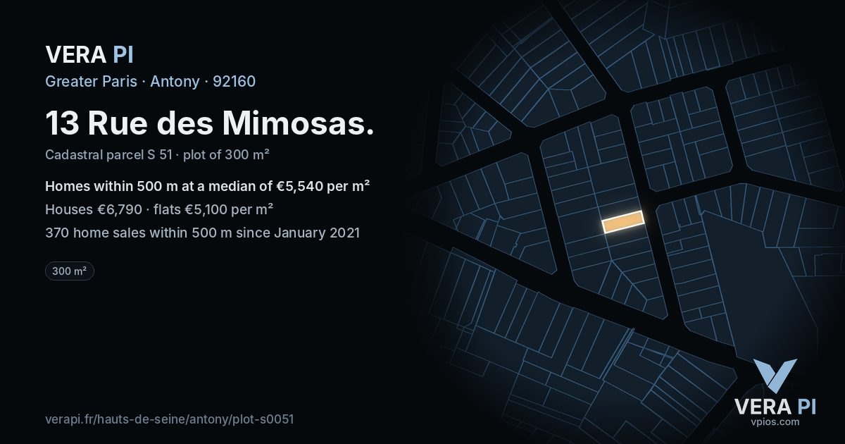 13 Rue des Mimosas, Antony at night – the plot lit, the parcels around coloured by the prices near them