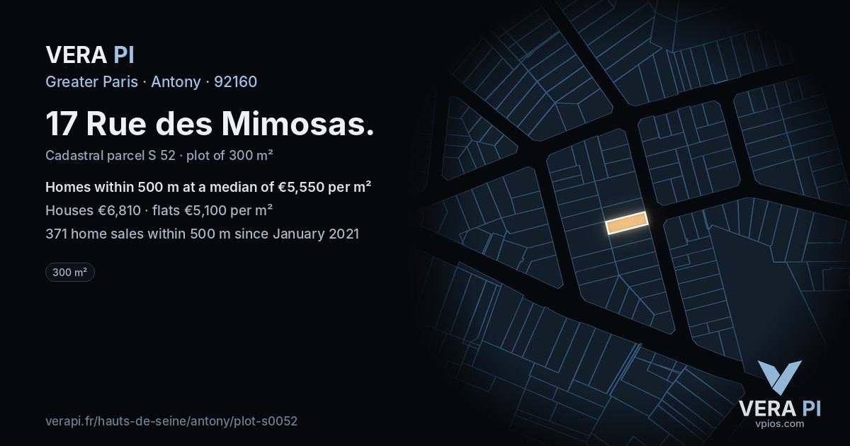 17 Rue des Mimosas, Antony at night – the plot lit, the parcels around coloured by the prices near them